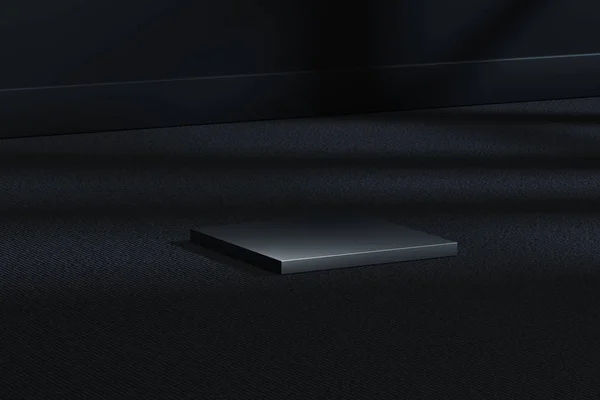 La piattaforma cubica in metallo nella stanza buia, rendering 3d — Foto Stock