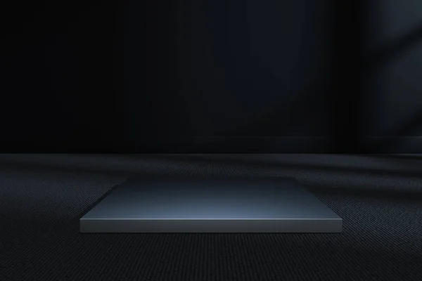 Металева кубічна платформа в темній кімнаті, 3d рендеринг — стокове фото