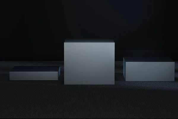 Karanlık odada metal kübik platform, 3d render — Stok fotoğraf
