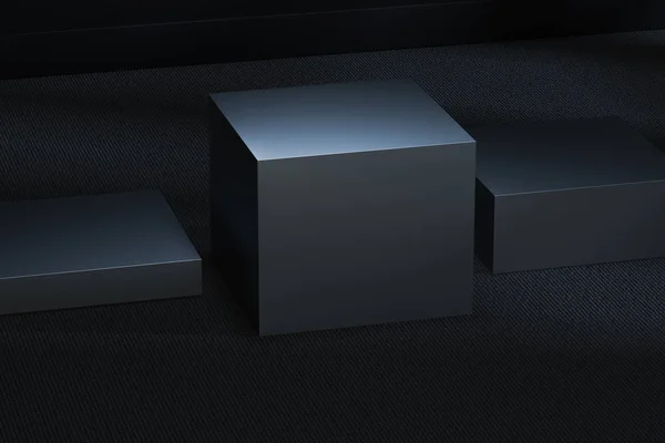 Металлическая кубическая платформа в темной комнате, 3D рендеринг — стоковое фото