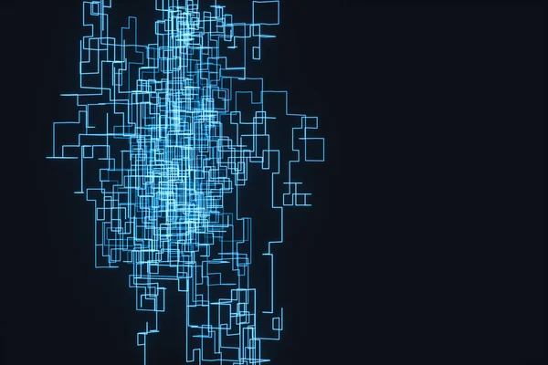 Blauwe cyberruimte met gekruiste gloeiende lijnen, 3D-rendering. — Stockfoto