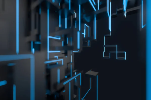 Espace cybernétique bleu avec lignes lumineuses croisées, rendu 3d . — Photo