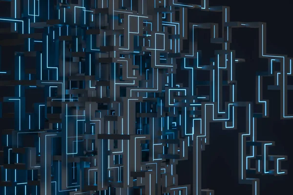 Espaço cibernético azul com linhas brilhantes cruzadas, renderização 3d . — Fotografia de Stock