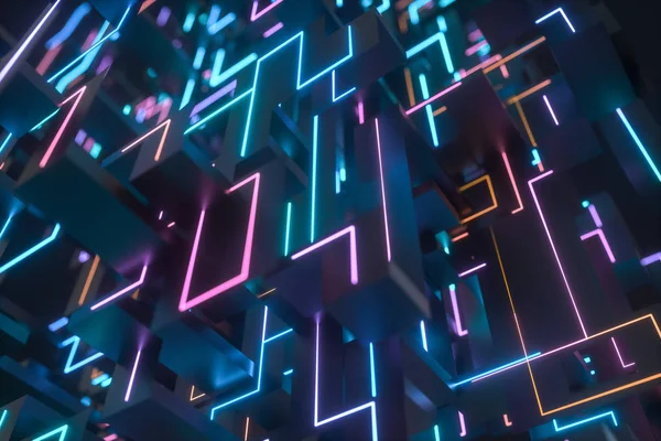 Farbenfroher Cyber-Raum mit gekreuzten glühenden Linien, 3D-Darstellung. — Stockfoto