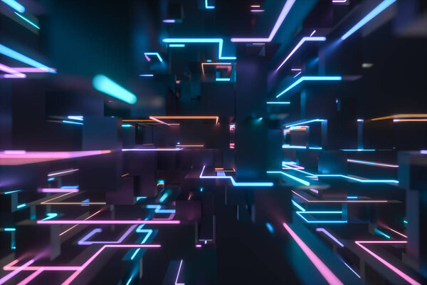 Colorful cyber space with crossed glowing lines, 3d rendering.