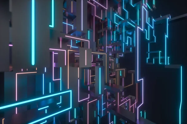 Kleurrijke cyberruimte met gekruiste gloeiende lijnen, 3D-rendering. — Stockfoto