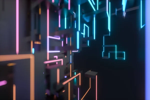 Espace cybernétique coloré avec lignes lumineuses croisées, rendu 3D . — Photo