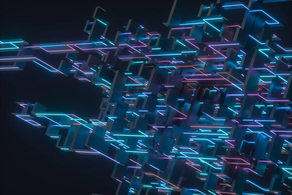 Colorful cyber space with crossed glowing lines, 3d rendering.