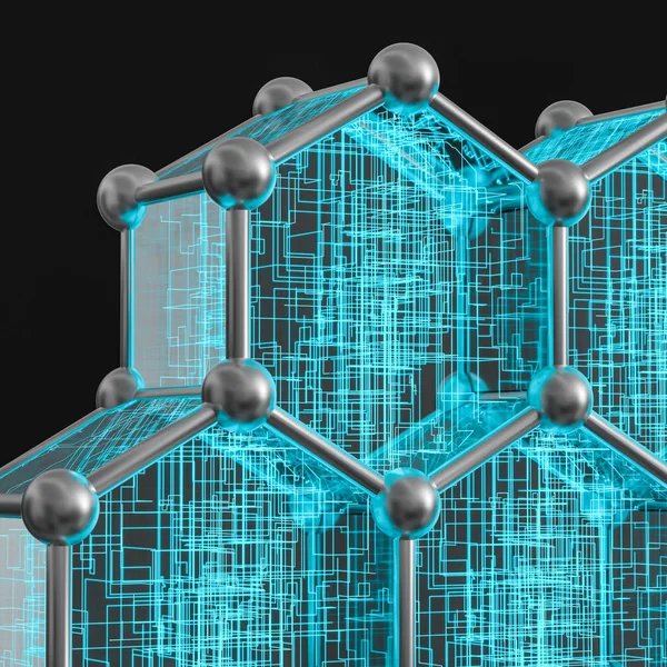 Hexágono azul y líneas brillantes cruzadas, representación 3d . —  Fotos de Stock