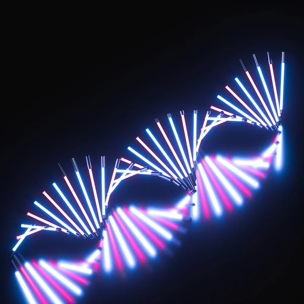 輝くネオンチューブとDNA形状、3Dレンダリング. — ストック写真