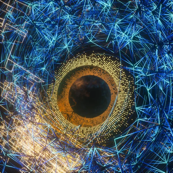 Ojo mecánico abstracto con línea de alta tecnología, renderizado 3d . — Foto de Stock