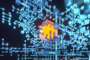 Parlayan çizgiler ve küpler, teknik ve bilimsel arka plan, 3d render.