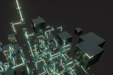Parlayan çizgiler ve küpler, teknik ve bilimsel arka plan, 3d render.