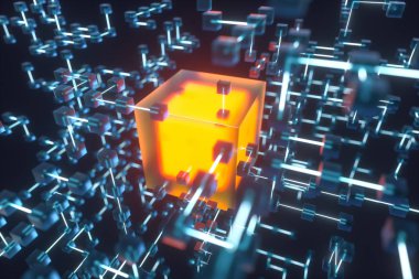 Parlayan çizgiler ve küpler, teknik ve bilimsel arka plan, 3d render.