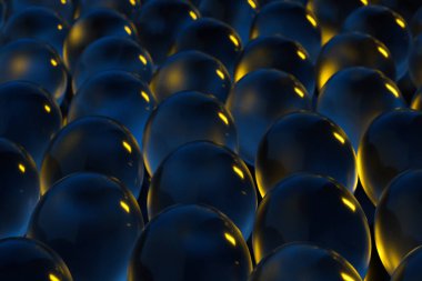 Birbirine bitişik çok sayıda saydam küre, 3d render.