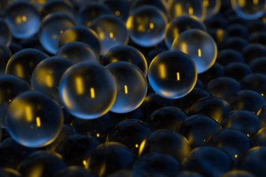 Birbirine bitişik çok sayıda saydam küre, 3d render.