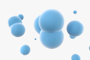 Mavi küreler ve moleküler model, rastgele dağıtılmış, 3d render.