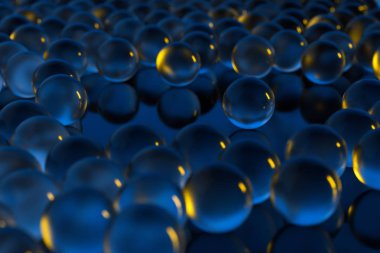 Birbirine bitişik çok sayıda saydam küre, 3d render.