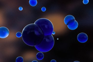 Mavi küreler ve moleküler model, rastgele dağıtılmış, 3d render.