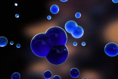 Mavi küreler ve moleküler model, rastgele dağıtılmış, 3d render.