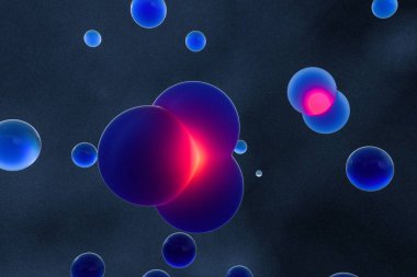 Mavi küreler ve moleküler model, rastgele dağıtılmış, 3d render.