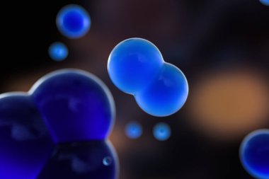 Mavi küreler ve moleküler model, rastgele dağıtılmış, 3d render.