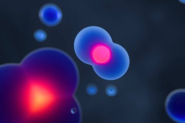 Mavi küreler ve moleküler model, rastgele dağıtılmış, 3d render.