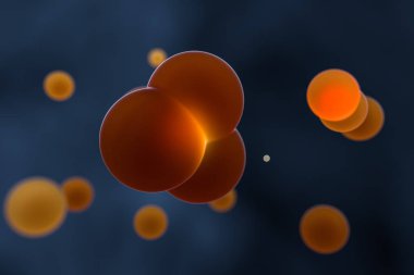 Turuncu küreler ve moleküler model, rastgele dağıtılmış, 3d render.