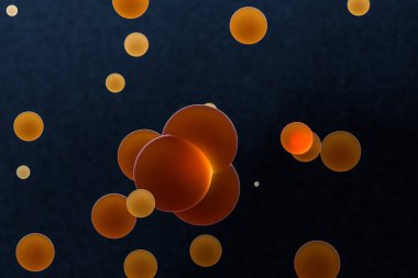 Turuncu küreler ve moleküler model, rastgele dağıtılmış, 3d render.