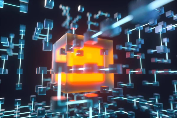 Glowing lines and cubes, technical and scientific background, 3d rendering.