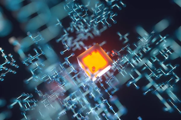 Parlayan çizgiler ve küpler, teknik ve bilimsel arka plan, 3d render.