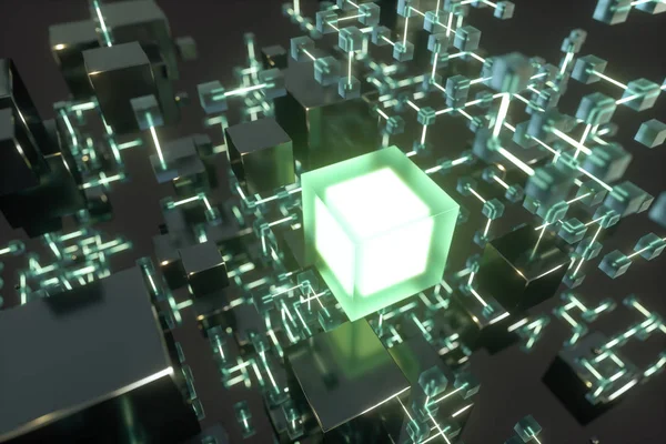 Glowing lines and cubes, technical and scientific background, 3d rendering.