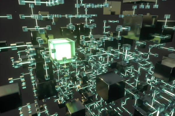 Parlayan çizgiler ve küpler, teknik ve bilimsel arka plan, 3d render.