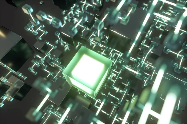 Parlayan çizgiler ve küpler, teknik ve bilimsel arka plan, 3d render.