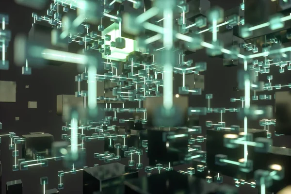 Glödande linjer och kuber, teknisk och vetenskaplig bakgrund, 3D-rendering. — Stockfoto