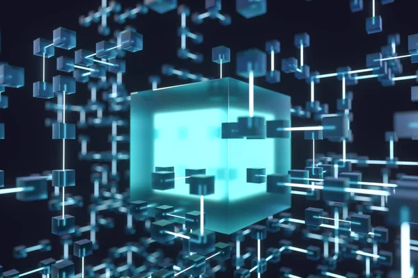 Parlayan çizgiler ve küpler, teknik ve bilimsel arka plan, 3d render.