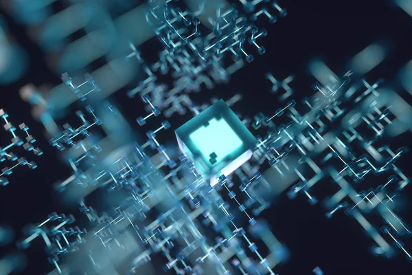 Parlayan çizgiler ve küpler, teknik ve bilimsel arka plan, 3d render.