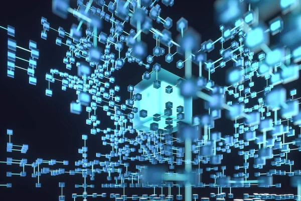 Parlayan çizgiler ve küpler, teknik ve bilimsel arka plan, 3d render.