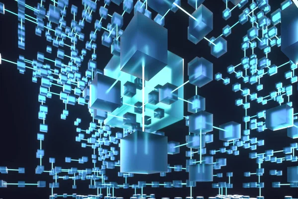 Parlayan çizgiler ve küpler, teknik ve bilimsel arka plan, 3d render.