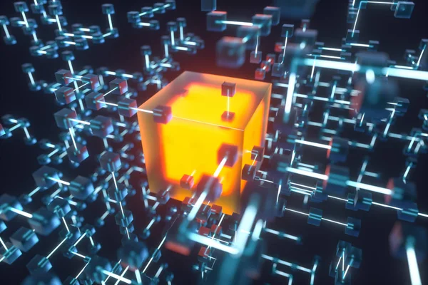 Parlayan çizgiler ve küpler, teknik ve bilimsel arka plan, 3d render.