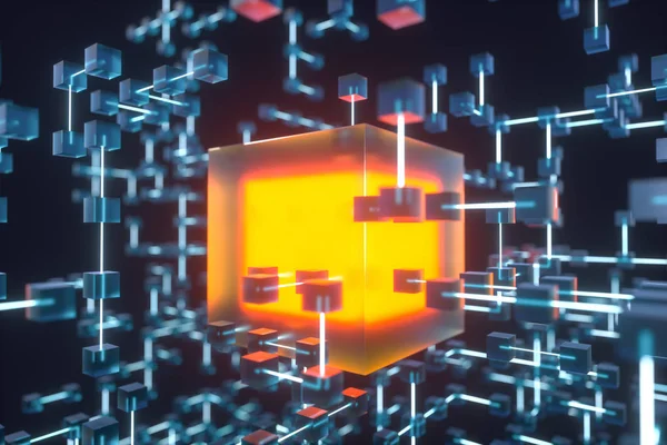 Glowing lines and cubes, technical and scientific background, 3d rendering.