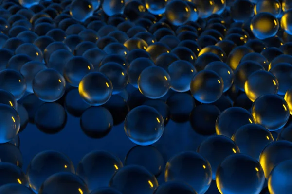 Birbirine bitişik çok sayıda saydam küre, 3d render.