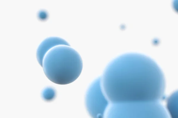 Blaue Kugeln und molekulares Modell, zufällig verteilt, 3D-Darstellung. — Stockfoto