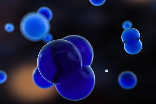 Blue spheres and molecular model, random distributed, 3d rendering.