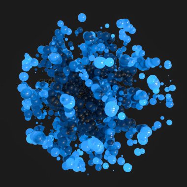 Koyu arka plan, 3d render ile parlayan ve uçan küreler