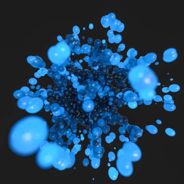 Koyu arka plan, 3d render ile parlayan ve uçan küreler