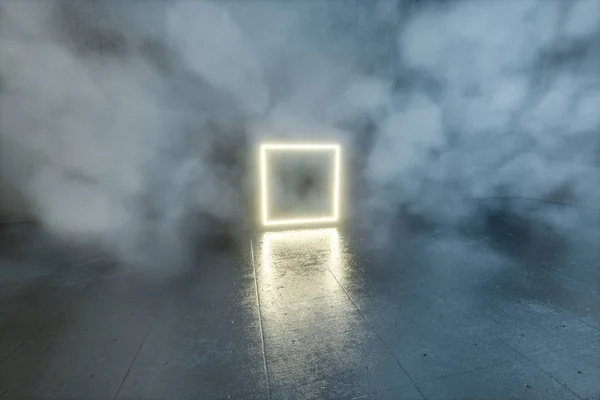 Pusty betonowy Pokój wypełniony mgłą, renderowanie 3D — Zdjęcie stockowe