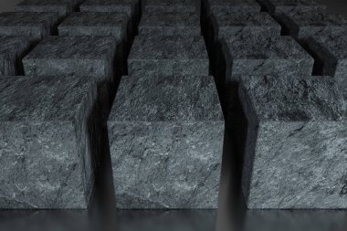Havada rastgele dağıtılan koyu küpler, 3d render.