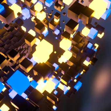 Havada rastgele dağıtılan koyu küpler, 3d render.