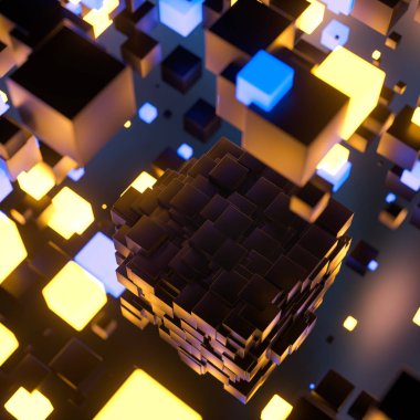 Havada rastgele dağıtılan koyu küpler, 3d render.